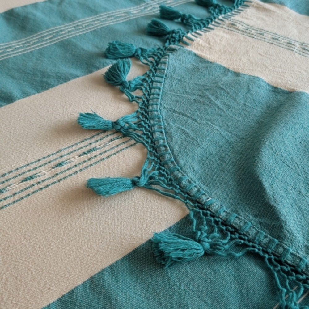 Aquamarine and Cream Woven Striped Blanket with Tassels